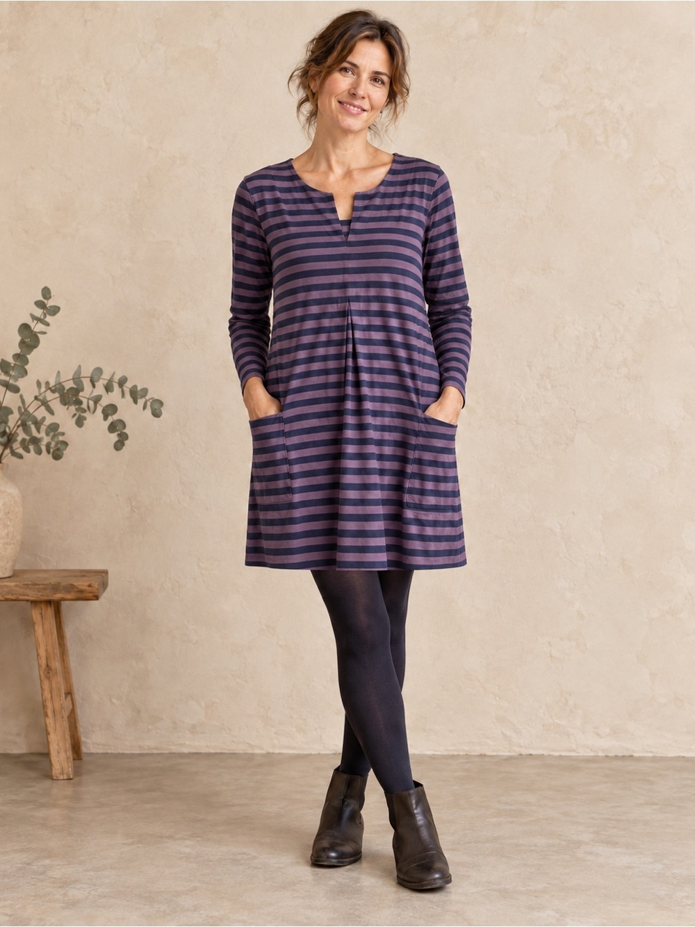 Gudrun Sjödén Organic Cotton Striped Tunic Dress XS Purple Navy Pockets